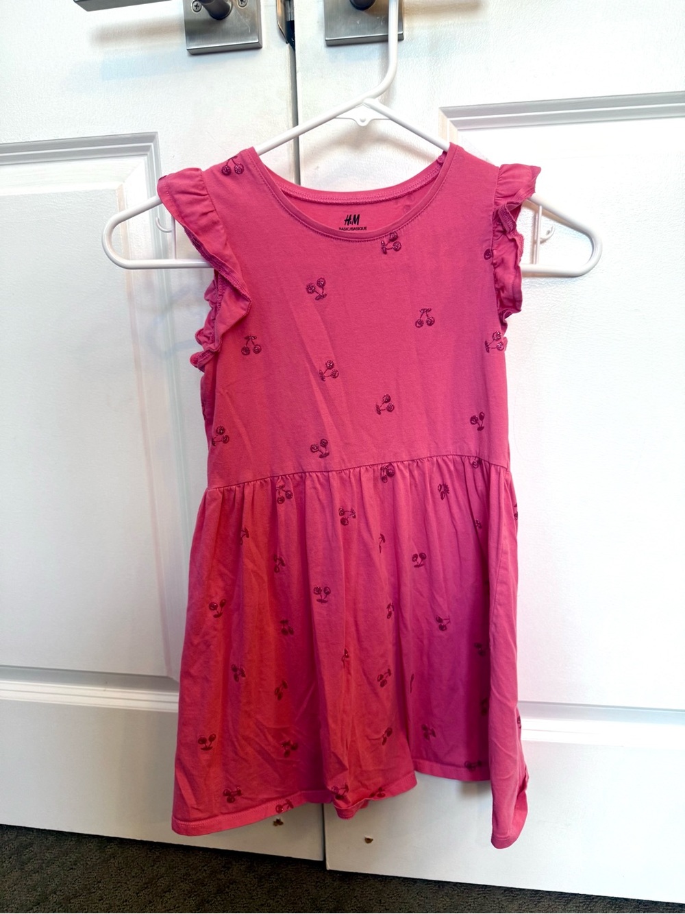 H&M Pink Cherry Ruffle-Sleeve Cotton Dress